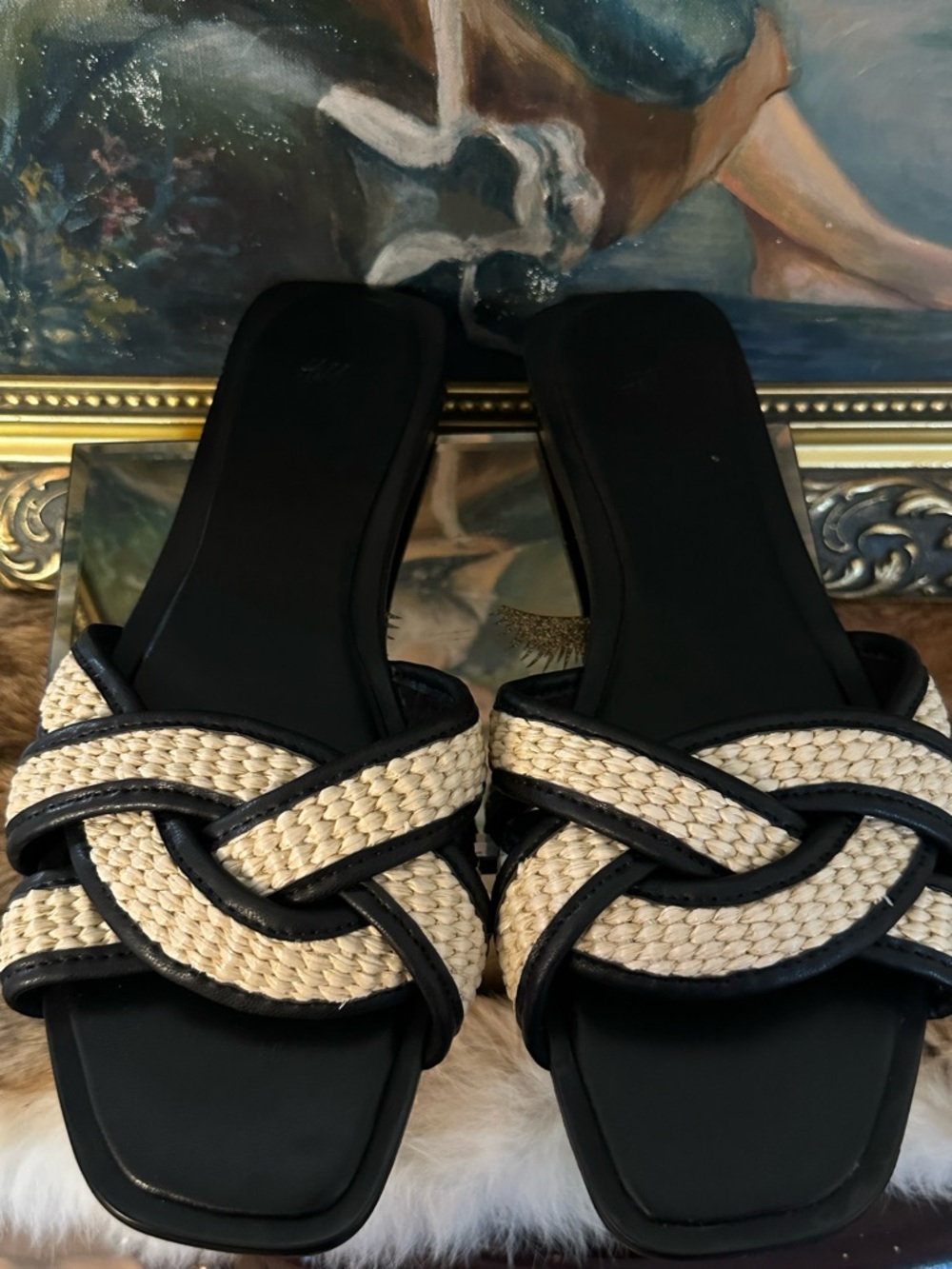 H&M Black and Natural Braided Slide Mules